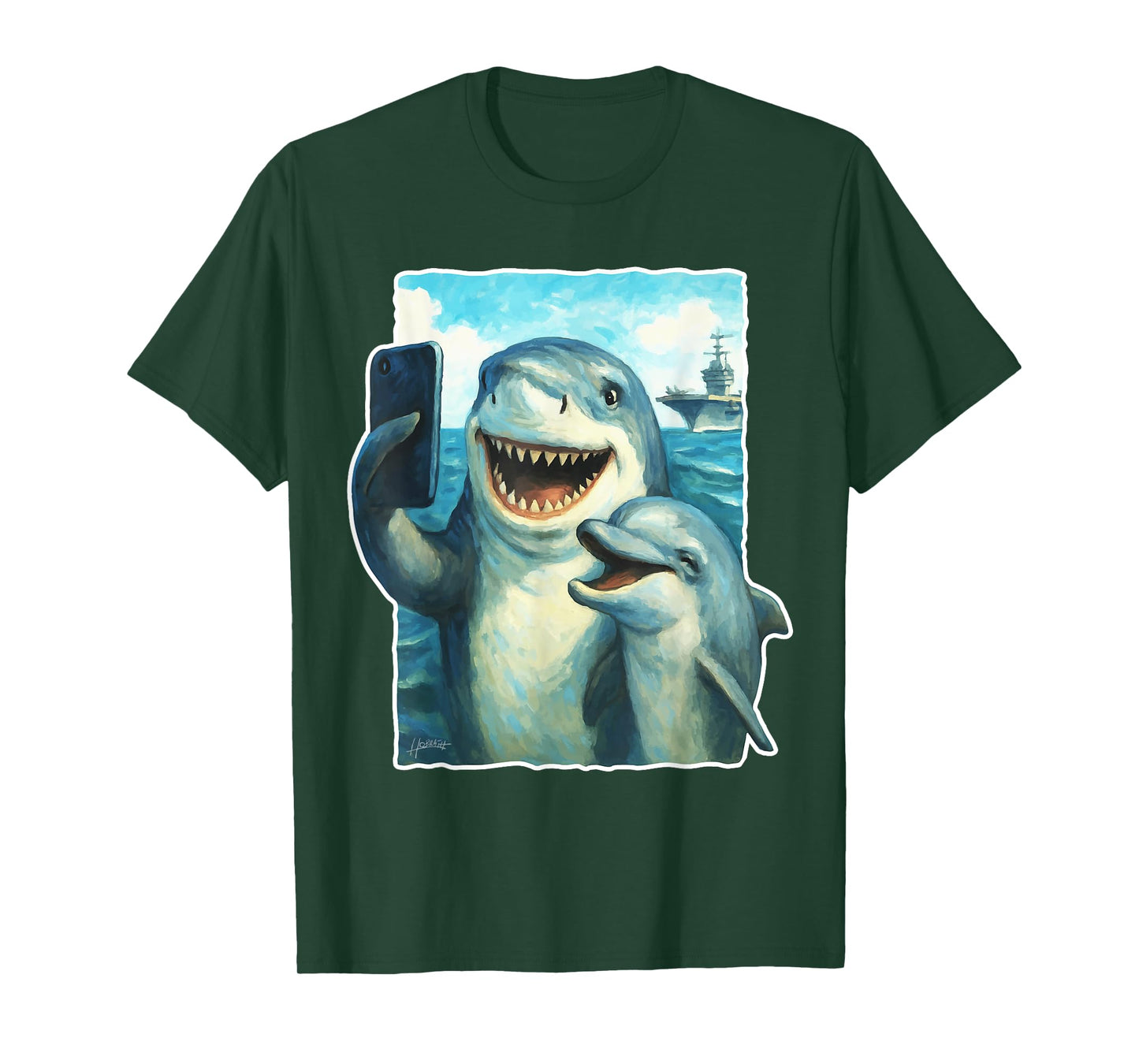 Funny Shark and Dolphin Taking Selfie with Aircraft Carrier T-Shirt