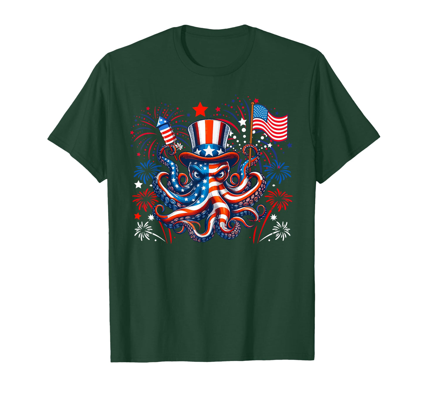 Octopus 4th July US Flag Fireworks Sea Animal Patriotic Team T-Shirt