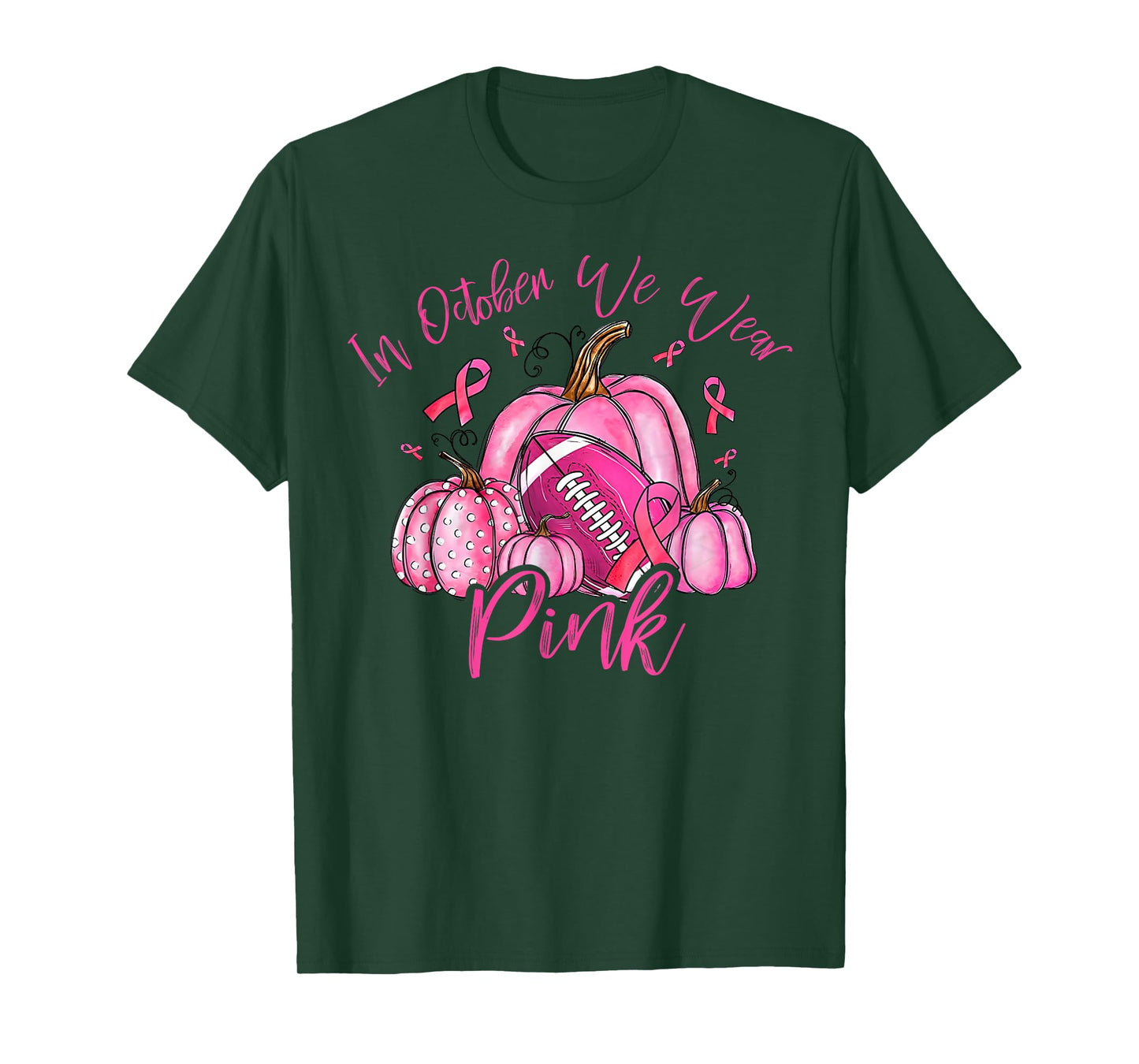 in October We Wear Pink Pumpkin Football Breast Cancer Fall T-Shirt