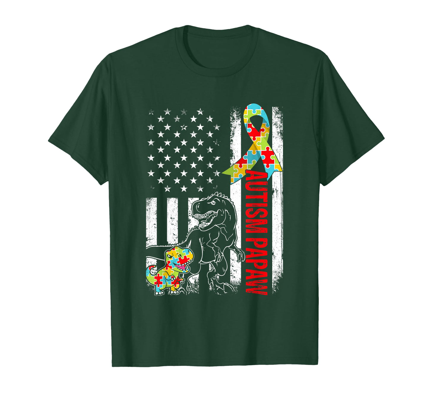 American Flag Autism Papaw Dinosaur Awareness Autistic Women Kids Men T-Shirt