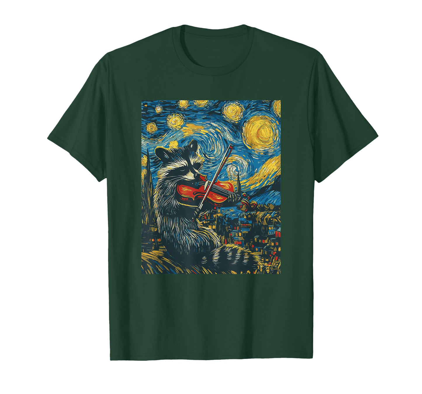 Raccoon Violin Violinist Starry Night Van Gogh Sky Art T-Shirt