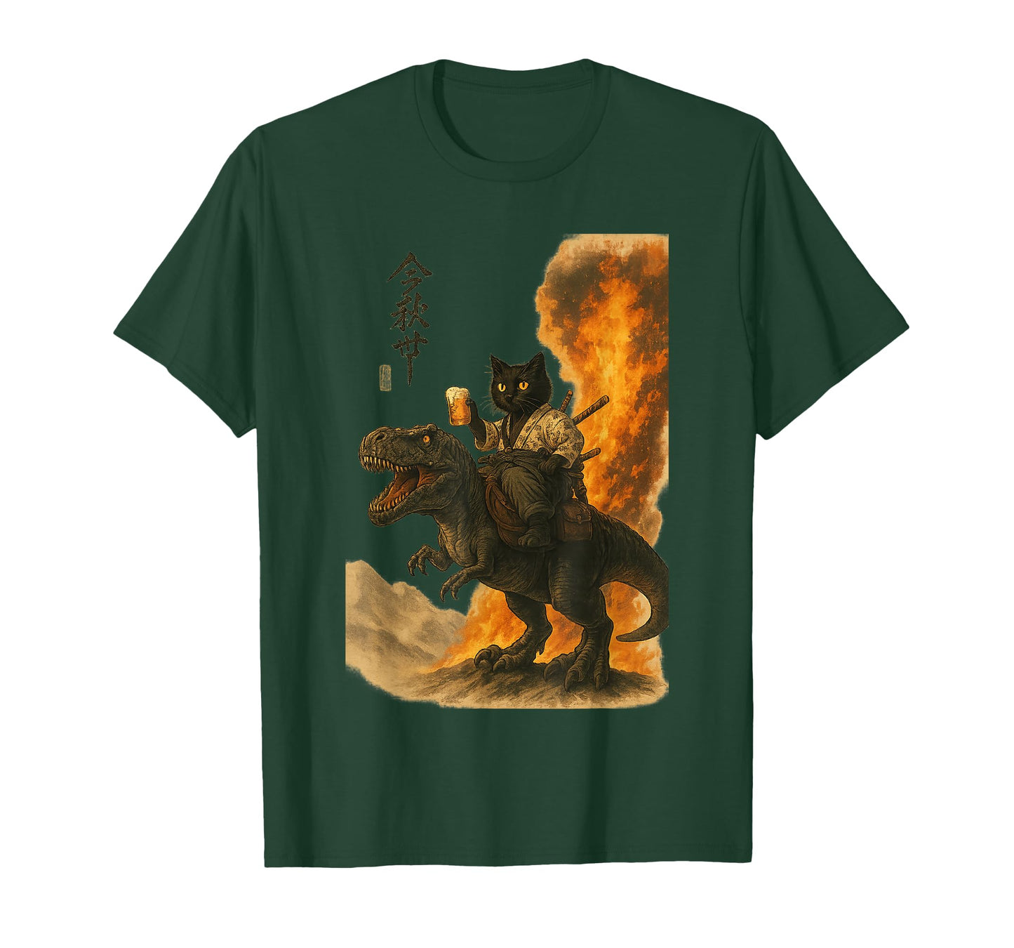 Black Cat Samurai Dinosaur Sea Wave Print T-Shirt