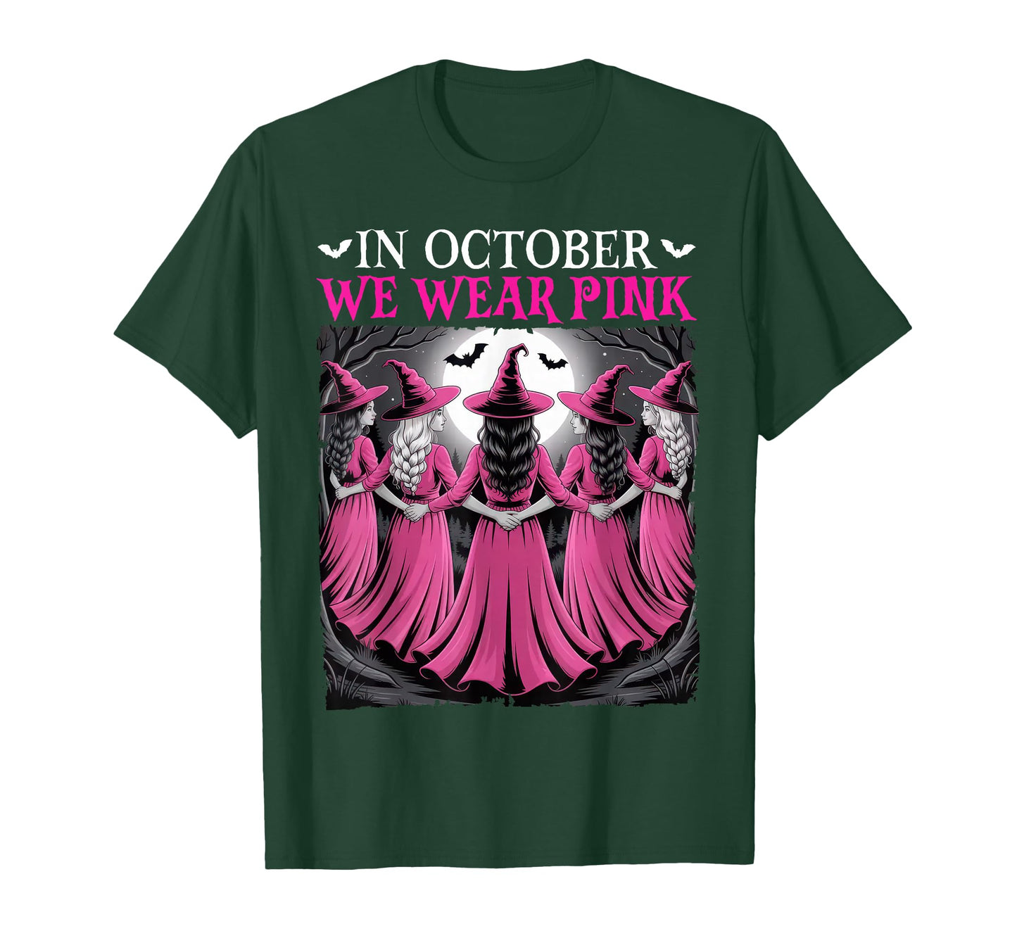 in October We Wear Pink Witch Halloween Breast Cancer Women T-Shirt