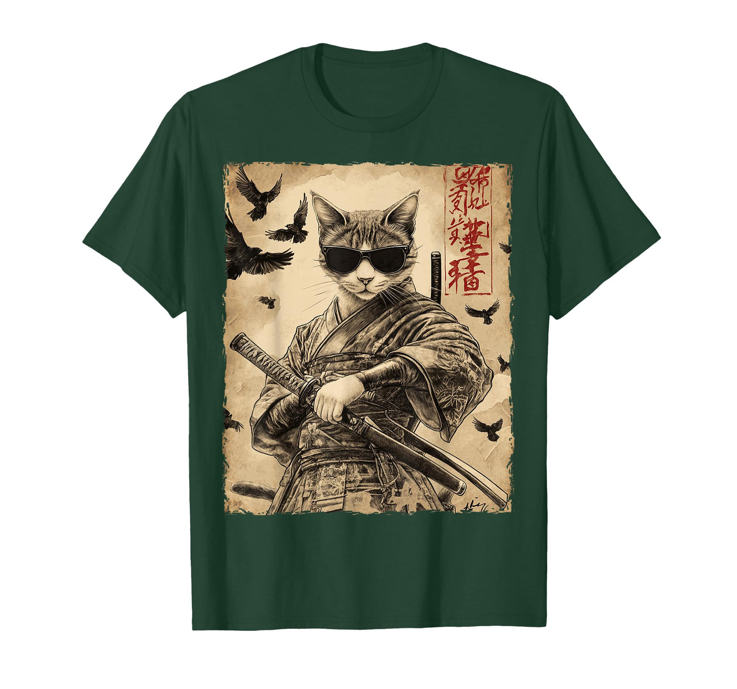 Cat Samurai Sunglasses Japanese Warrior Anime T-Shirt