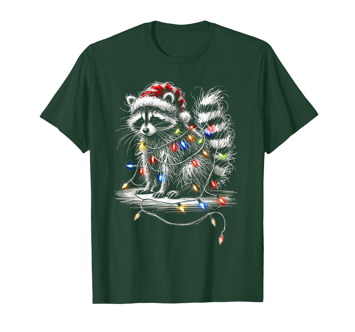 Funny Raccoon Santa Hat Christmas Tree Lights Pajama T-Shirt