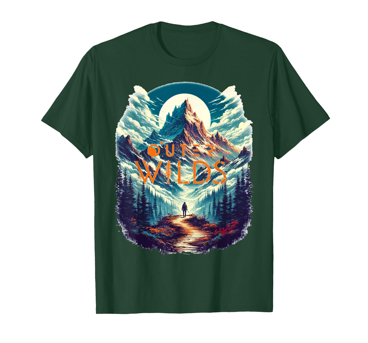 Retro Outer Wilds Text Moon Mountain Forest Tree House Sun T-Shirt