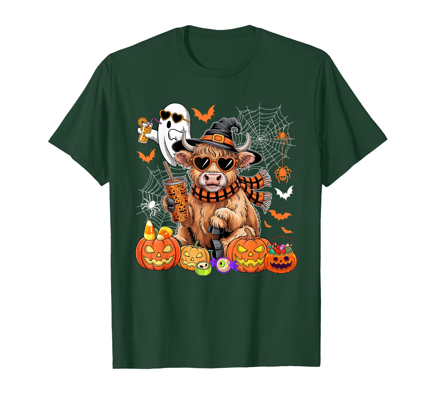 Highland Cow As Witch Drinking Coffee Halloween Boo Ghost T-Shirt