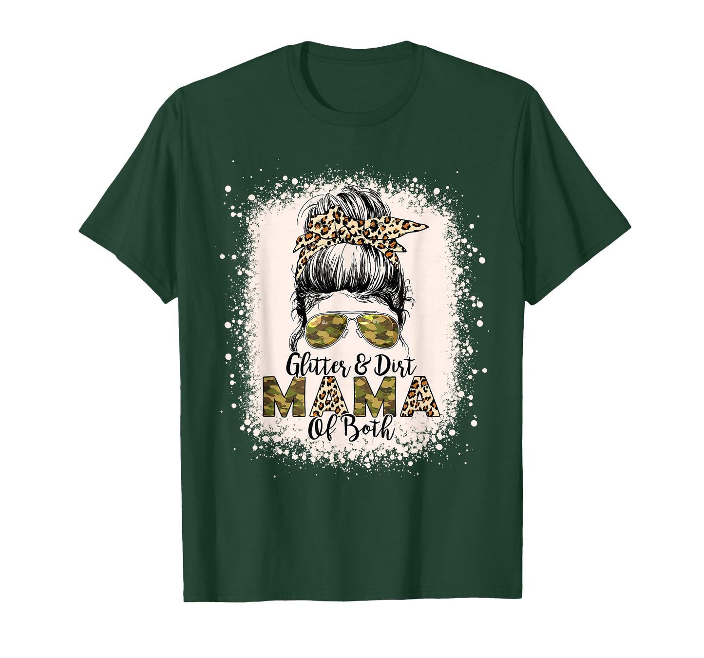 Glitter & Dirt Mama Of Both Leopard Camo Messy Bun Bleached T-Shirt