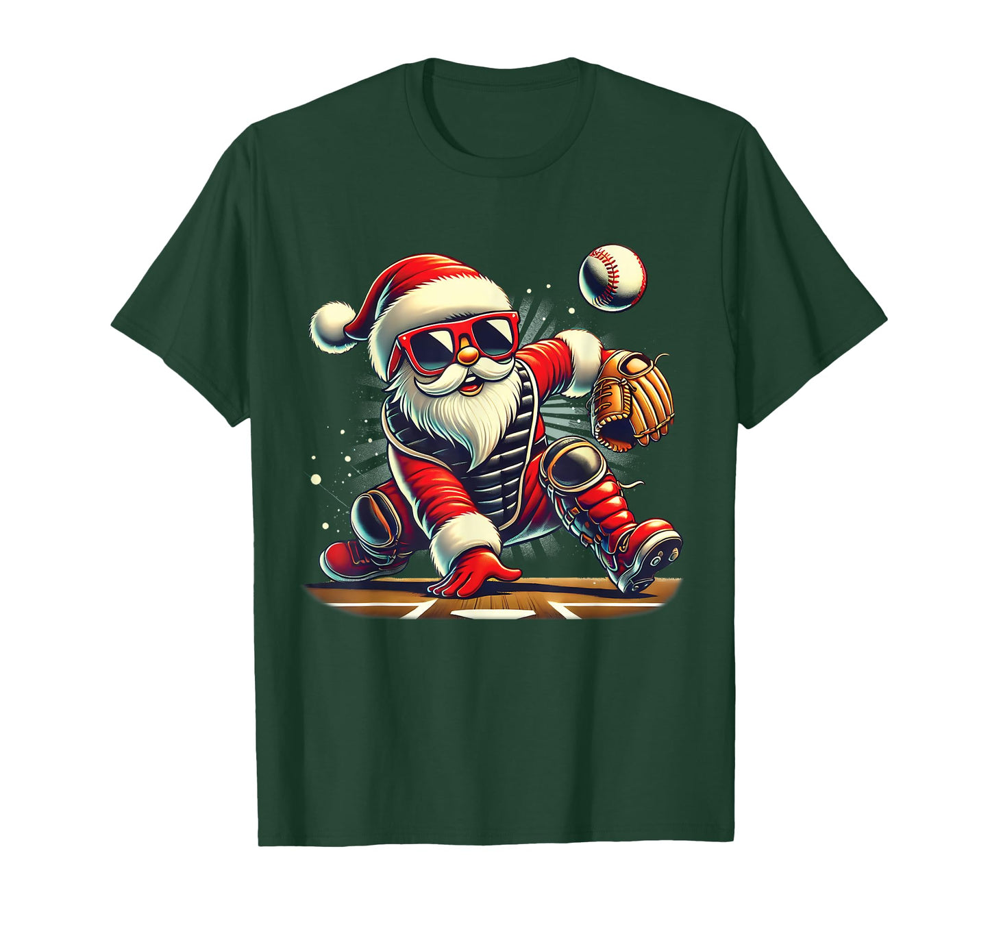 Santa Playing Baseball as Catcher Boys Kids Teens Christmas T-Shirt