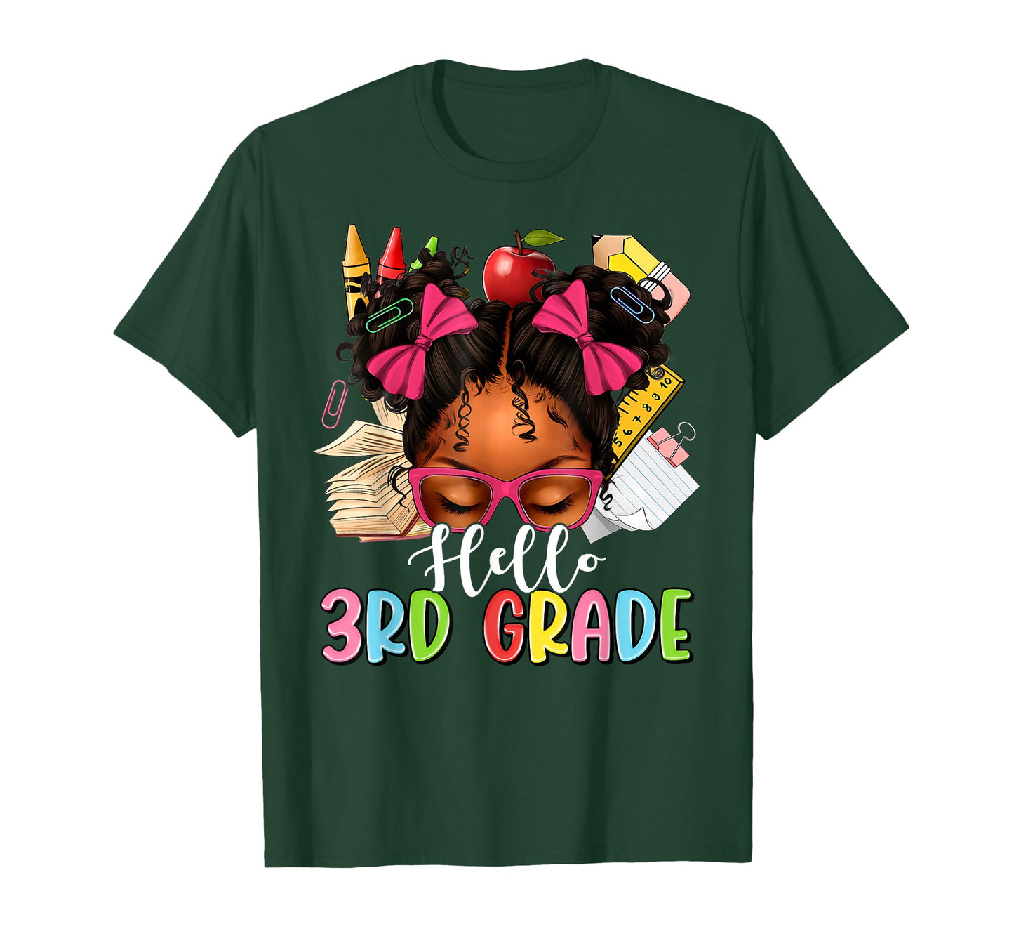 Hello Third Grade Back To School Messy Bun Afro Girl Kids T-Shirt