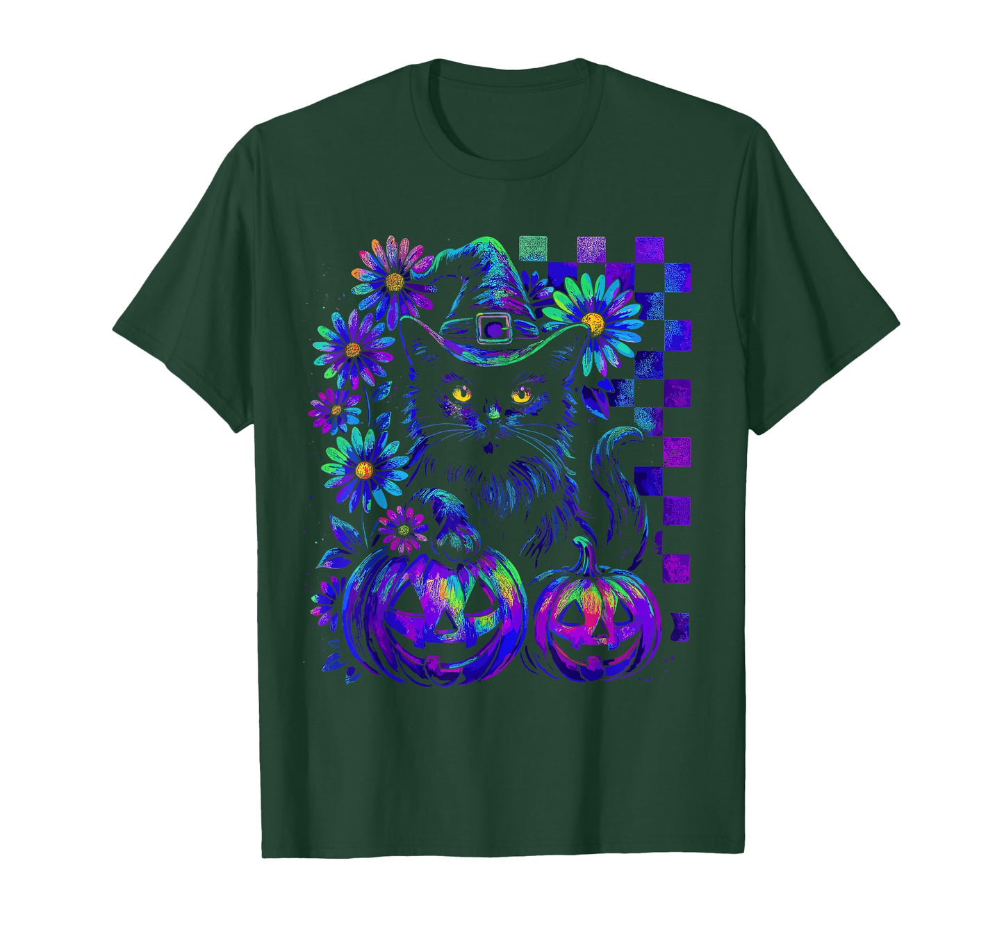 Retro Floral Checkered and Witch Cat with Pumpkins Halloween T-Shirt