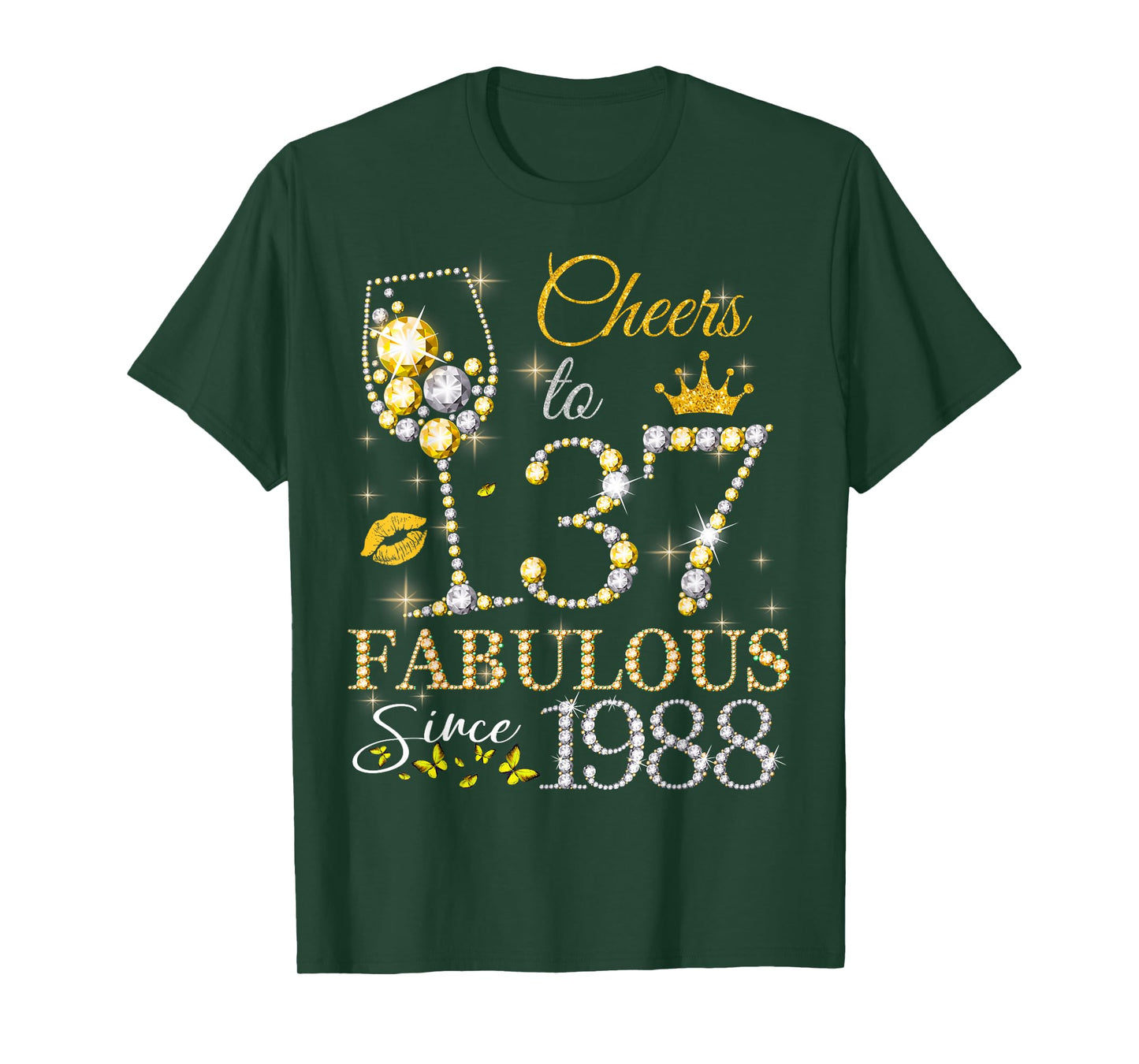 Womens Cheers to 37 Years Old EST 1988 37th Birthday Queen T-Shirt