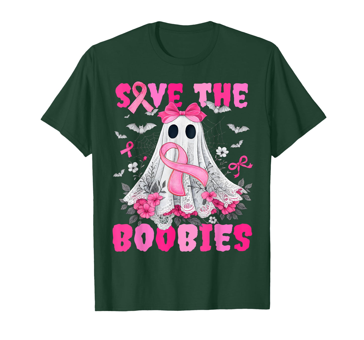 Save The Boobies Lace Bow Breast Cancer Awareness Halloween T-Shirt