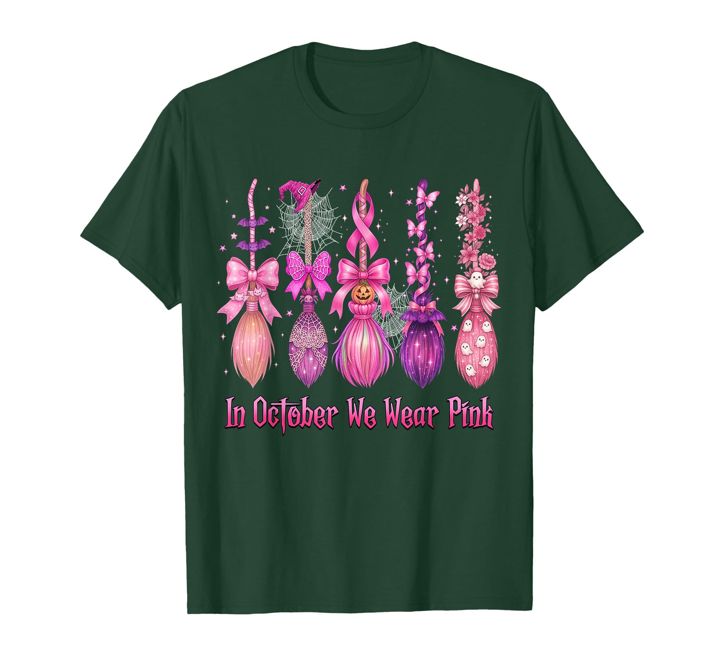 in October We Wear Pink Witch Broom Halloween Breast Cancer T-Shirt