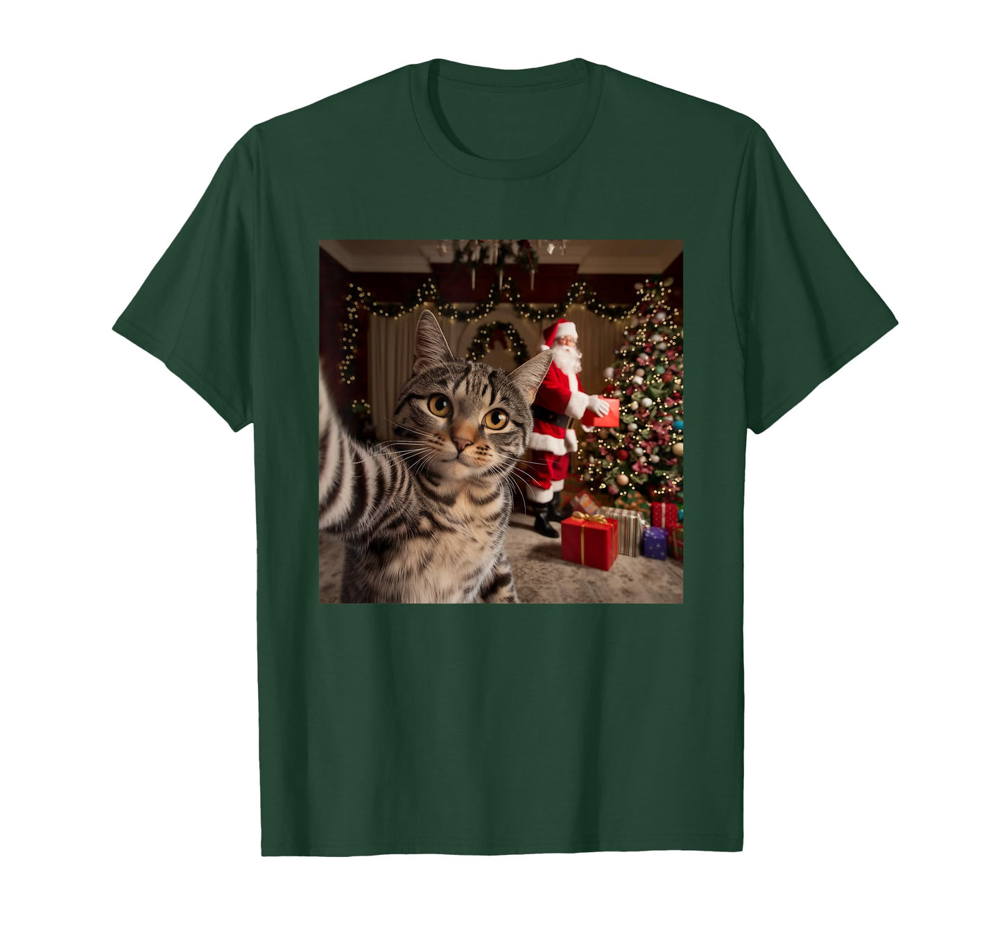 Christmas Cat Selfie with Santa Claus Cute Holiday Photo T-Shirt for Men Women Kids