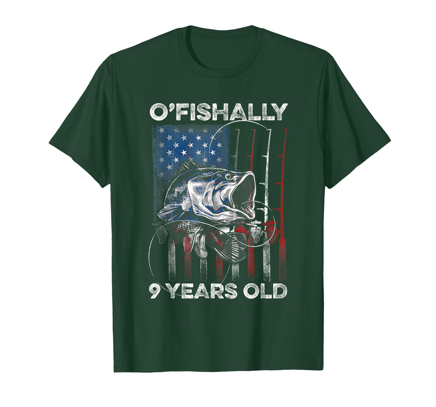 Ofishally 9 Year Old Shirt 9th Birthday Fishing US Flag T-Shirt