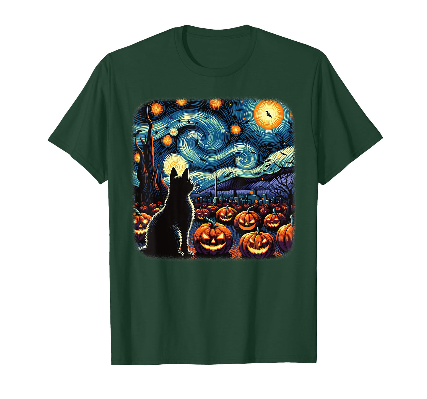 Halloween Black Cat Van Gogh Starry Night Pumpkins Bats Men Women Girls Kids T-Shirt