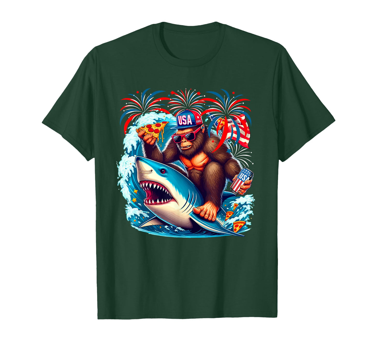 Bigfoot Riding Shark With Beer Pizza 4th Of July Patriotic T-Shirt