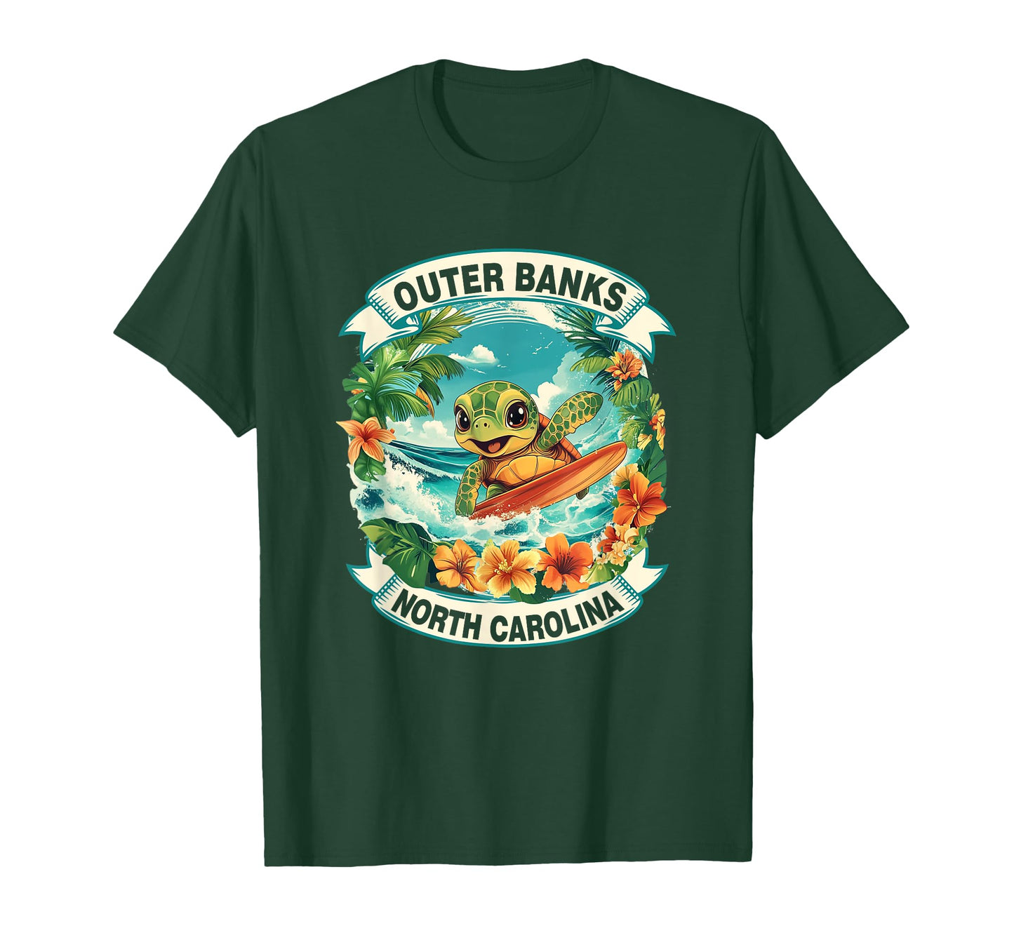 Outer Banks North Carolina Cute Sea Turtle Surfing Summer T-Shirt