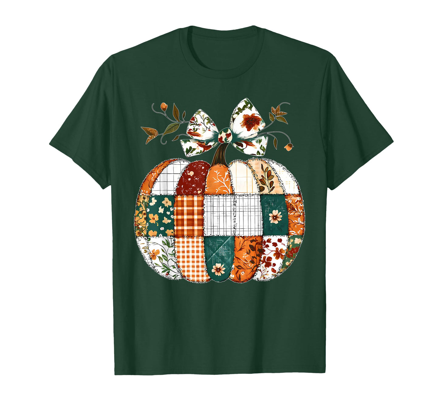 Patchwork Quilt Floral Pumpkin Coquette Bow Fall Halloween T-Shirt