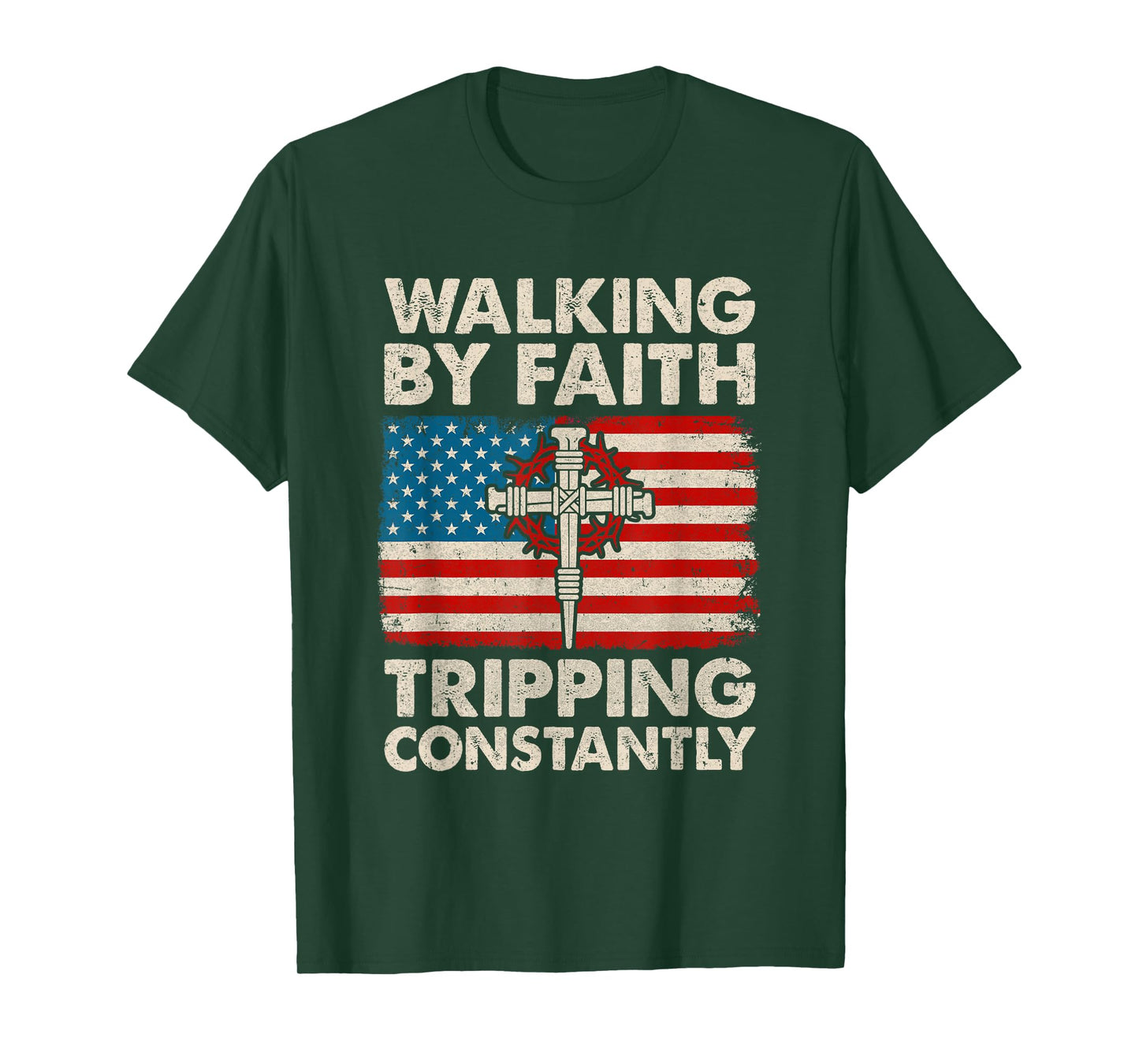 Walking By Faith Tripping Constantly Christian Bible Us Flag T-Shirt