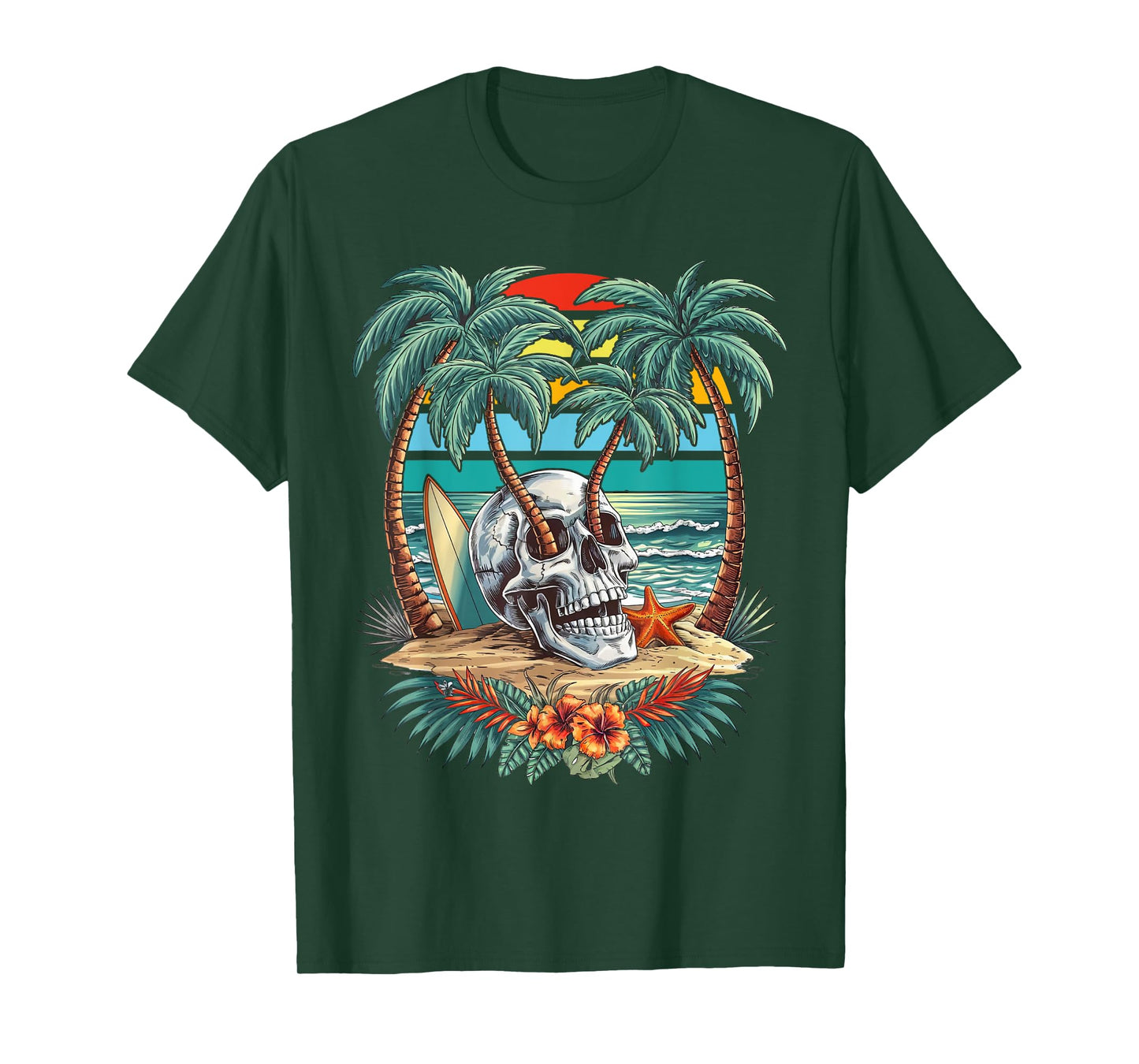 Vintage Palm Tree Skull Summer Beach Men Motorcycle Tattoo T-Shirt