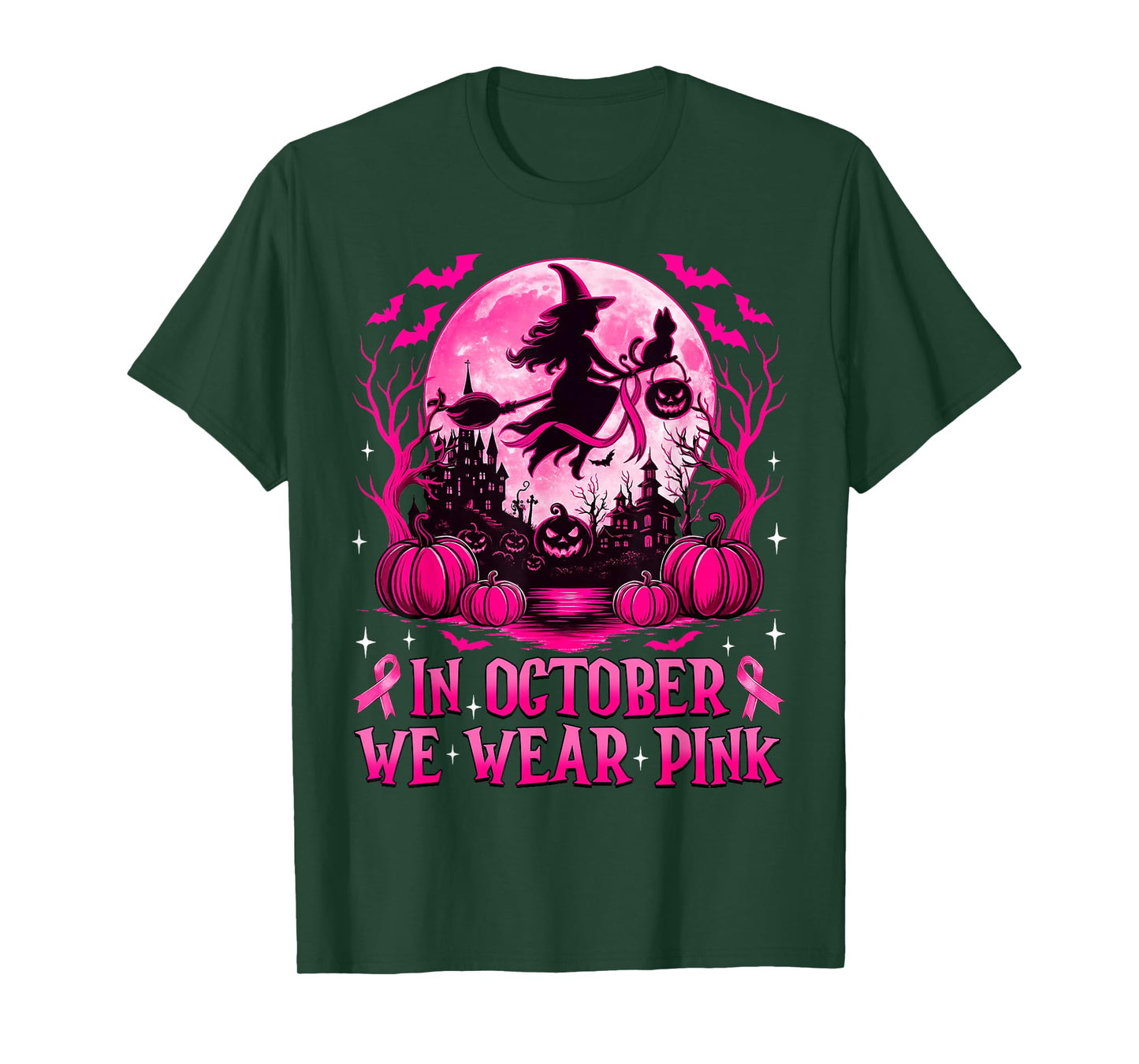 in October We Wear Pink Witch Breast Cancer Awareness Women T-Shirt