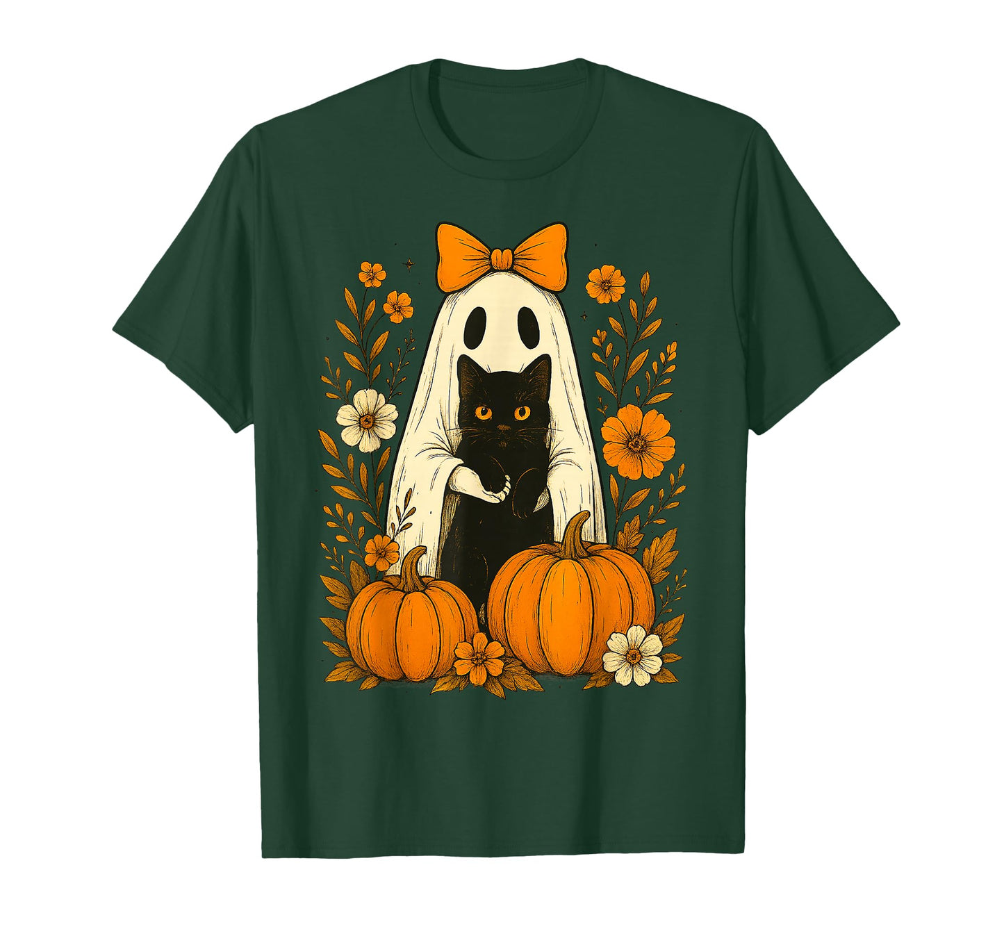 Cute Ghost Black Cat Halloween Pumpkin Groovy Floral Gifts T-Shirt
