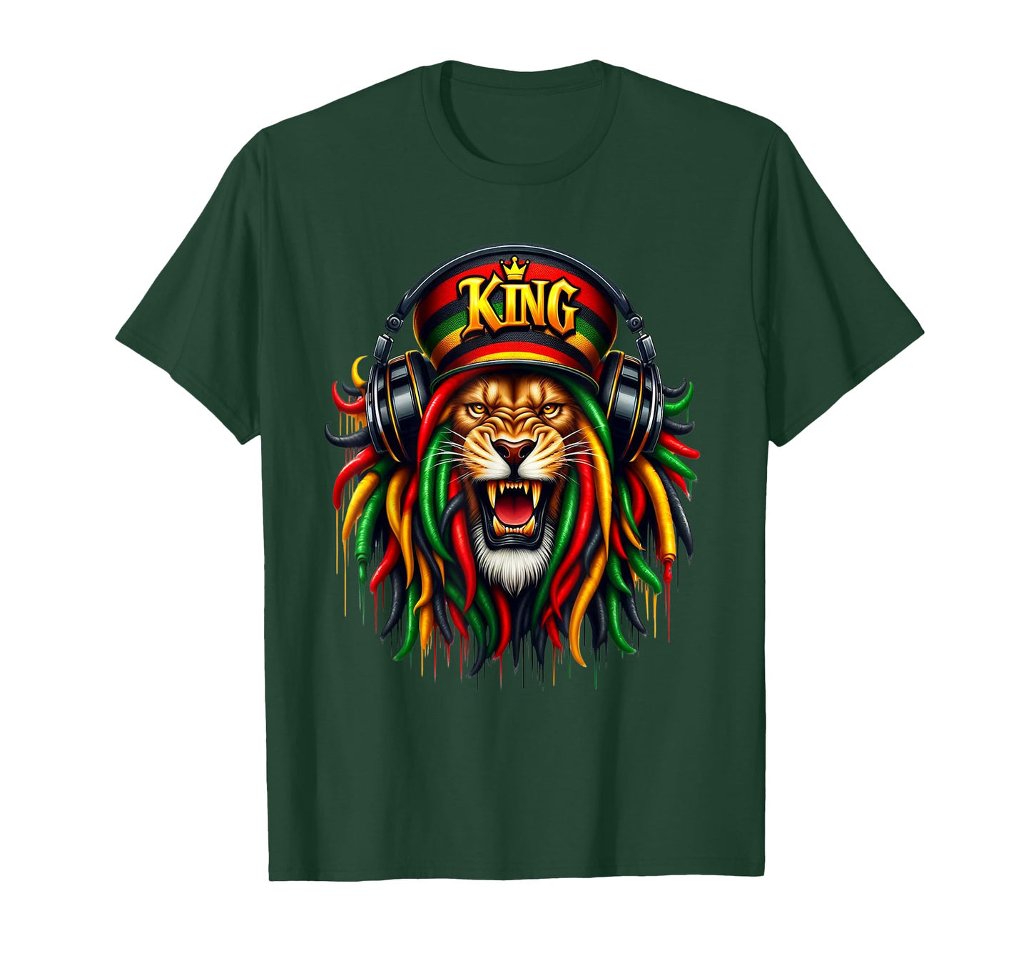 Rasta Reggae Music Headphones Jamaican Pride Lion Of Judah T-Shirt