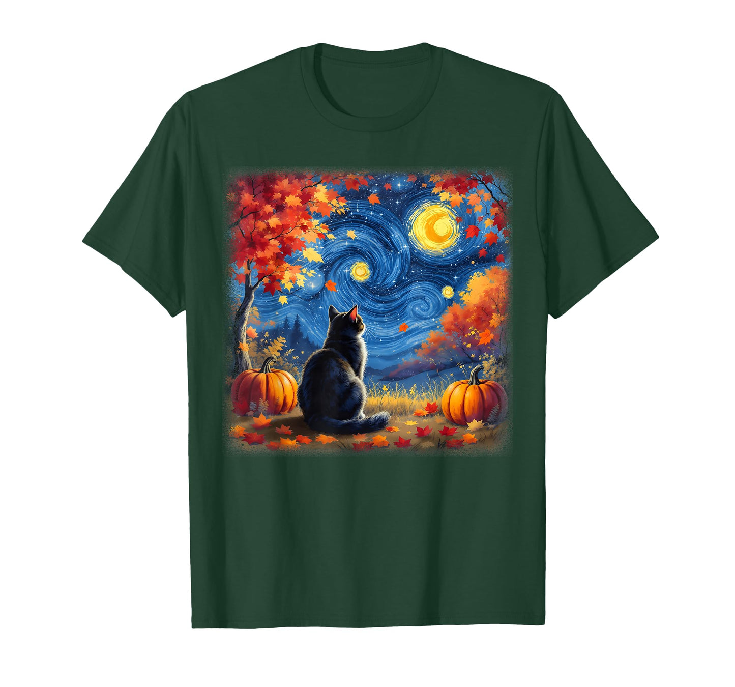 Cat Starry Night Cats Lover Thanksgiving Fall Autumn T-Shirt