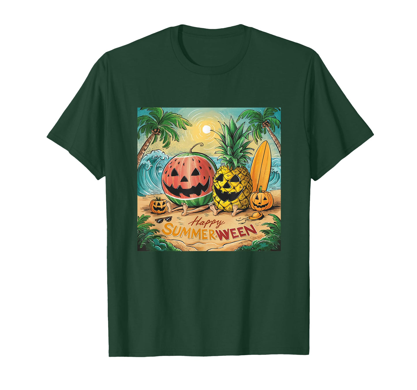 Happy Summerween Watermelon Pineapple Beach Vibes Halloween T-Shirt for Men Women Kids