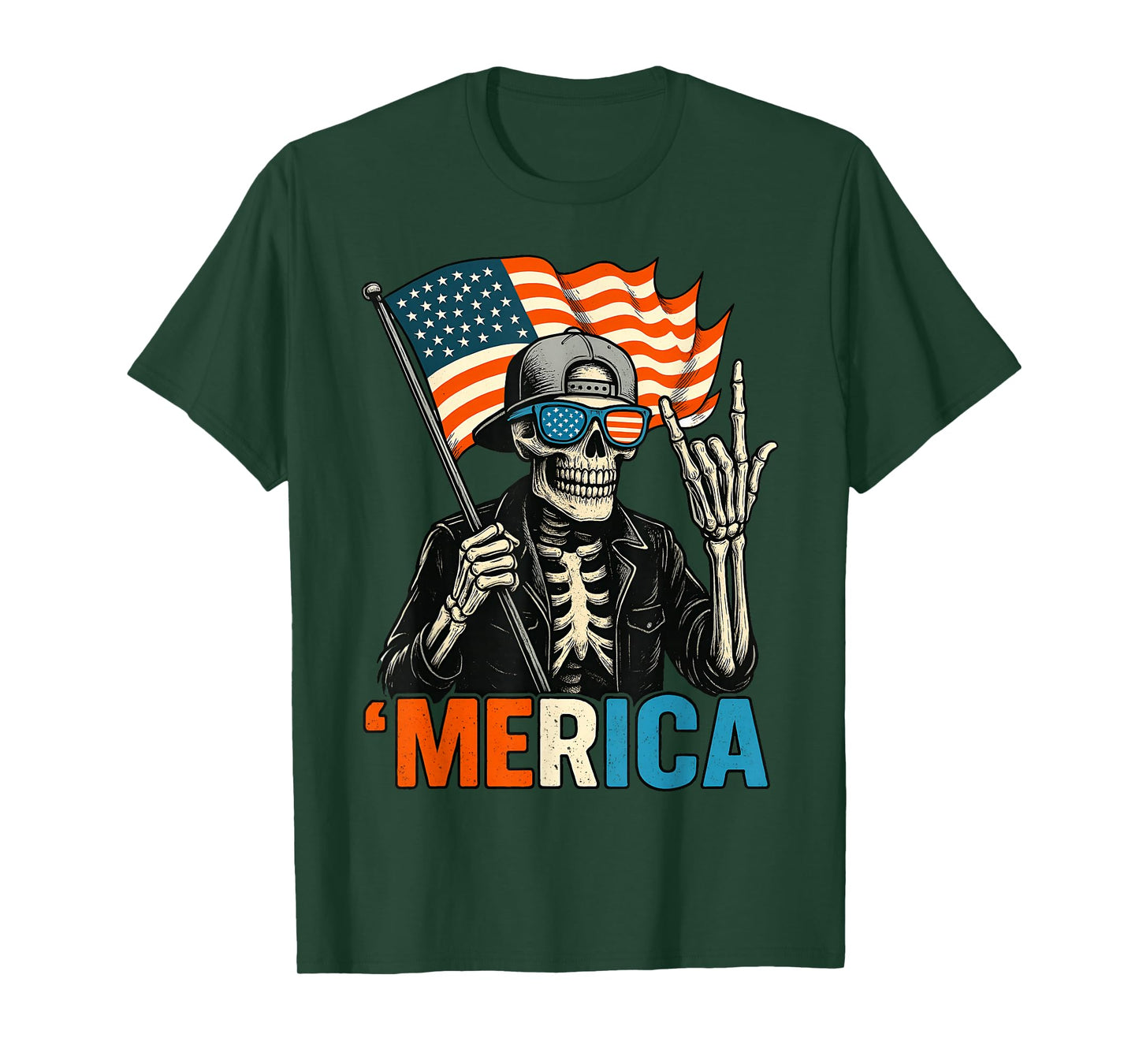 Skeleton Merica Rock American Flag Patriotic USA 4th Of July T-Shirt
