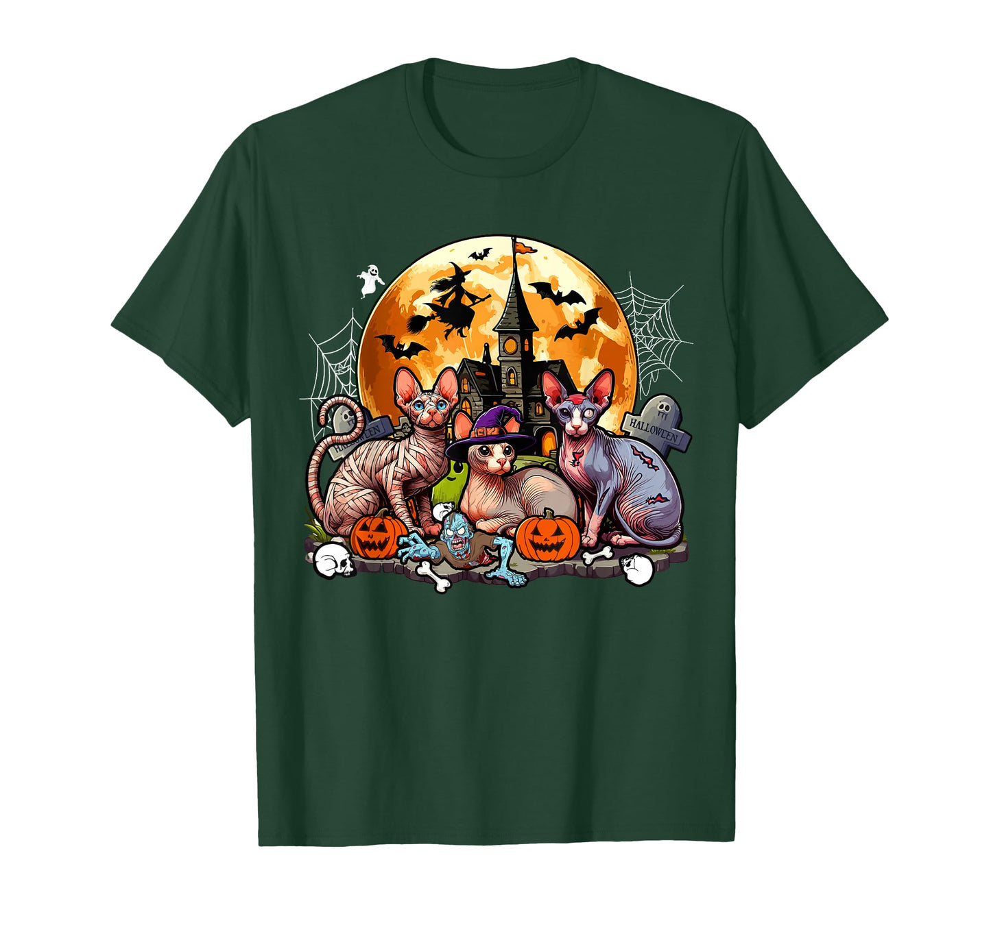 Three Halloween Sphynx Cats As Horror Witch Mummy Zombie T-Shirt