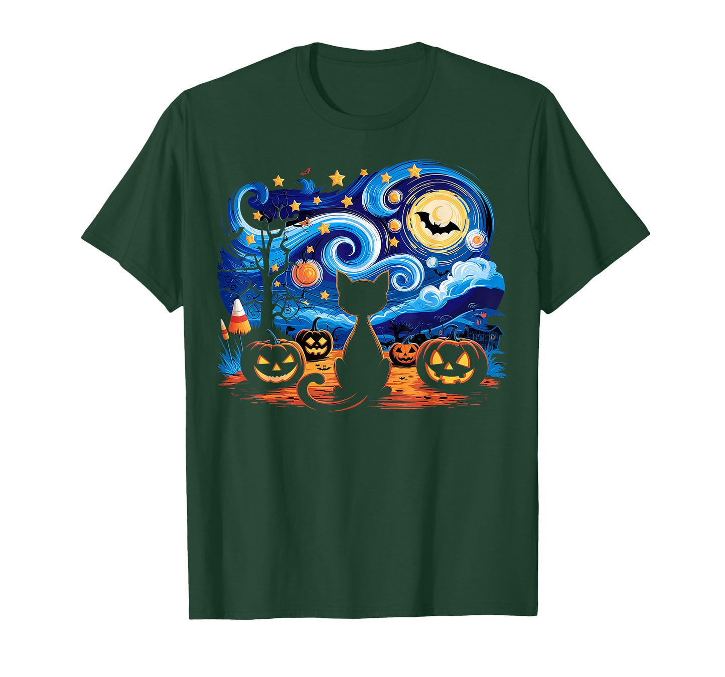 Halloween Cat Starry Night Gifts Cat Mom Cat Dad Cat Lover T-Shirt