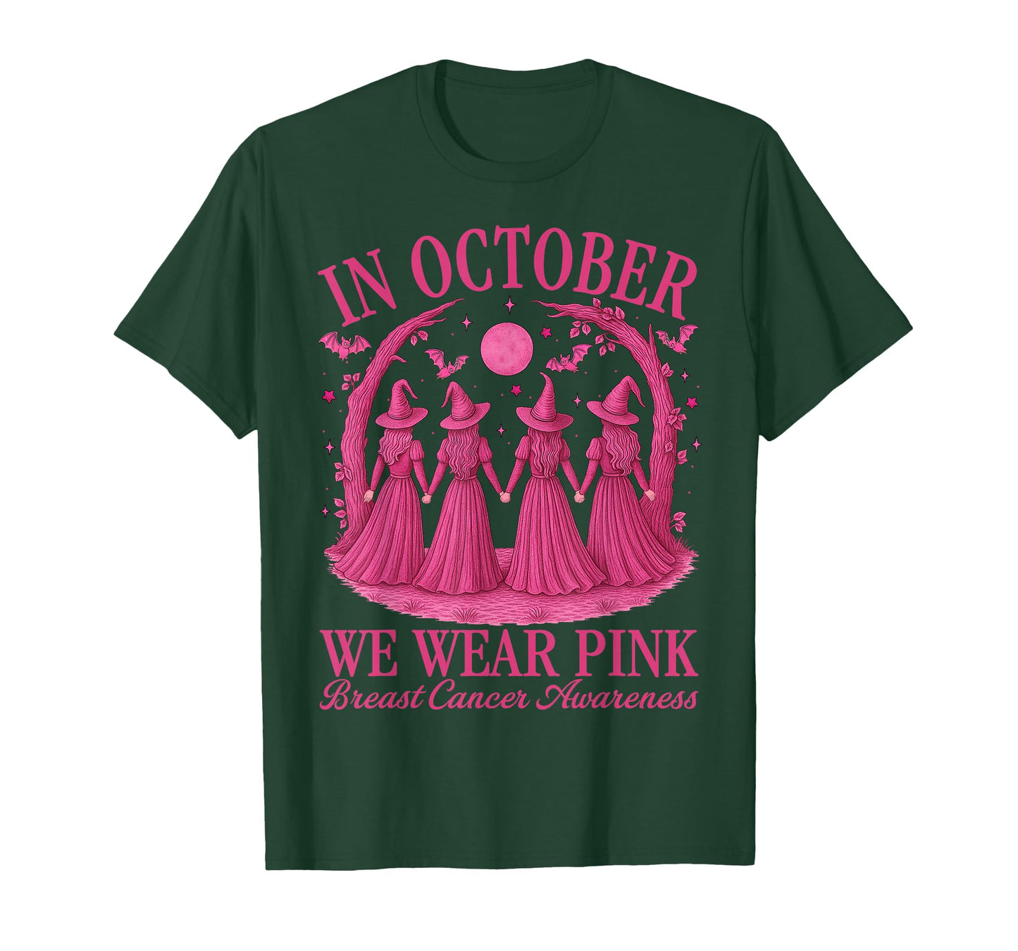 in October We Wear Pink Halloween Pink Witch Breast Cancer T-Shirt