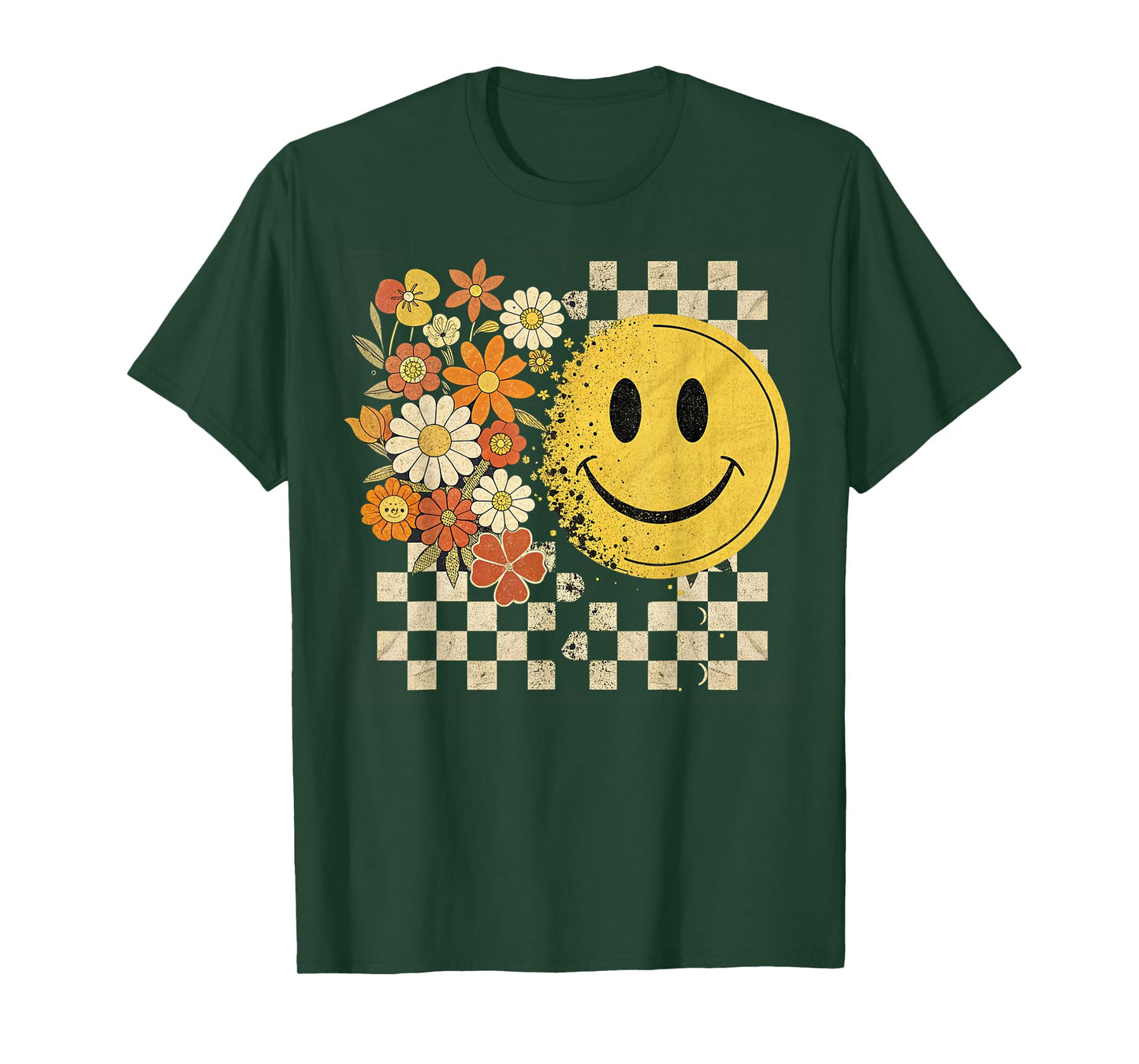 Cute Smile Face Flower Happy Face Flowers Checkered Girls T-Shirt