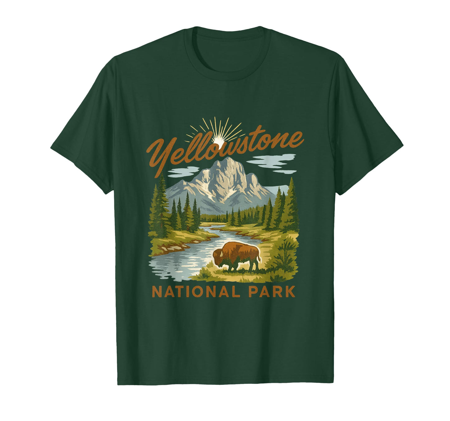 Yellowstone National Park Bison Mountain River Retro Tee T-Shirt