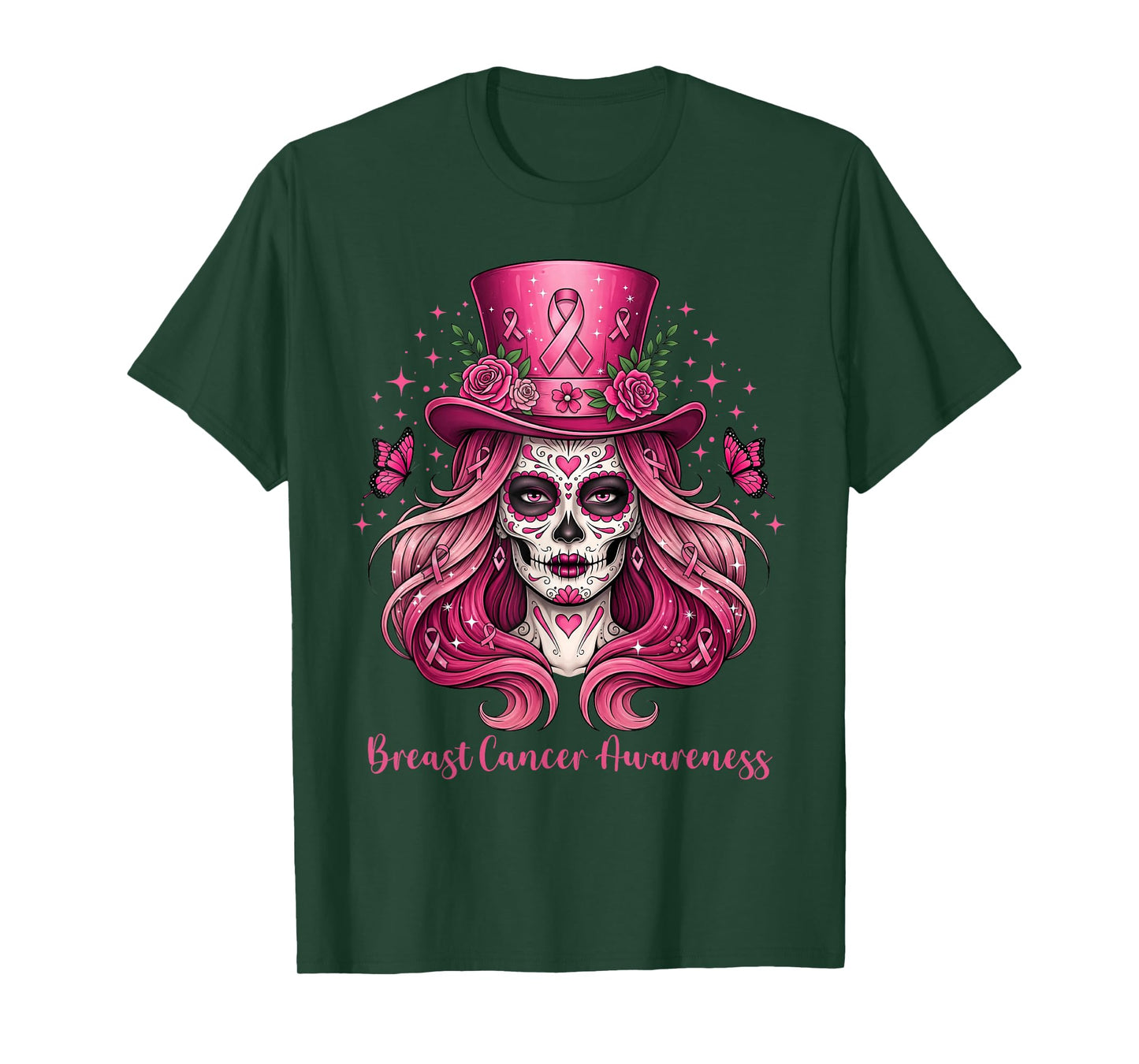 Skull Breast Cancer Awareness Skeleton Women Pink Ribbon T-Shirt