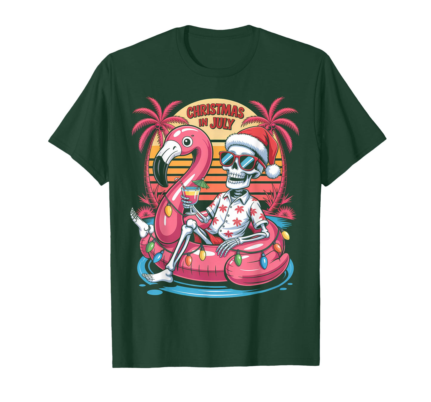 Christmas in July Skeleton Flamingo Float Summer Xmas T-Shirt