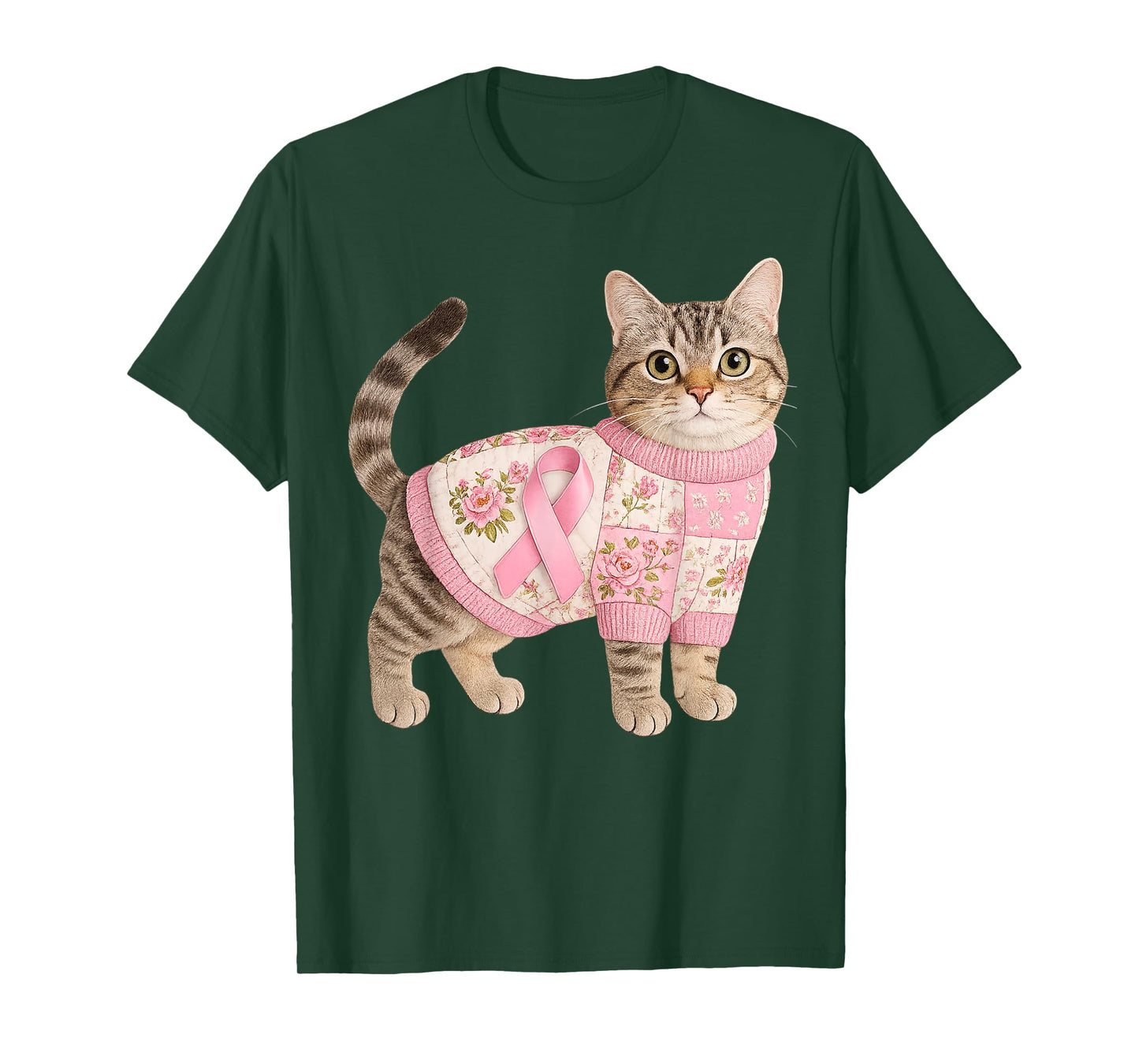 Cat Pink Ribbon Breast Cancer Cat Pattern Felt Art T-Shirt