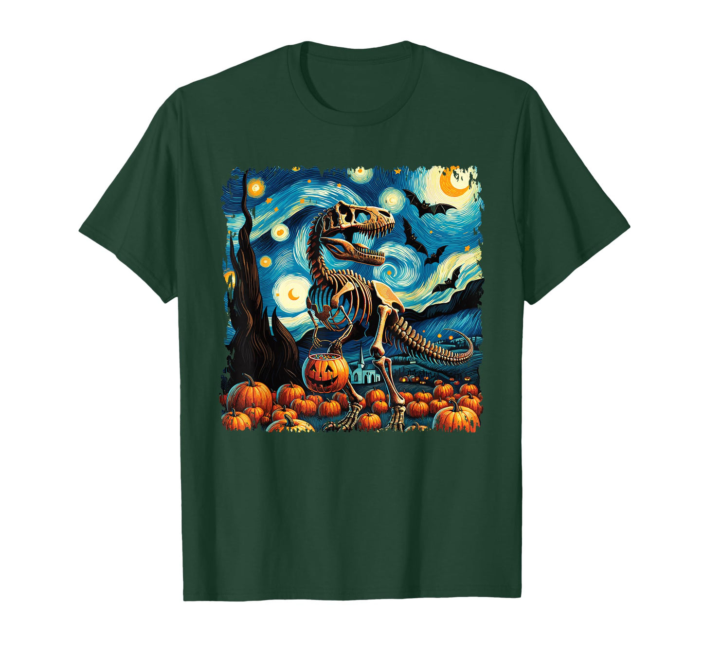 T-Rex Skeleton Halloween Van Gogh Starry Night Fall Pumpkin T-Shirt