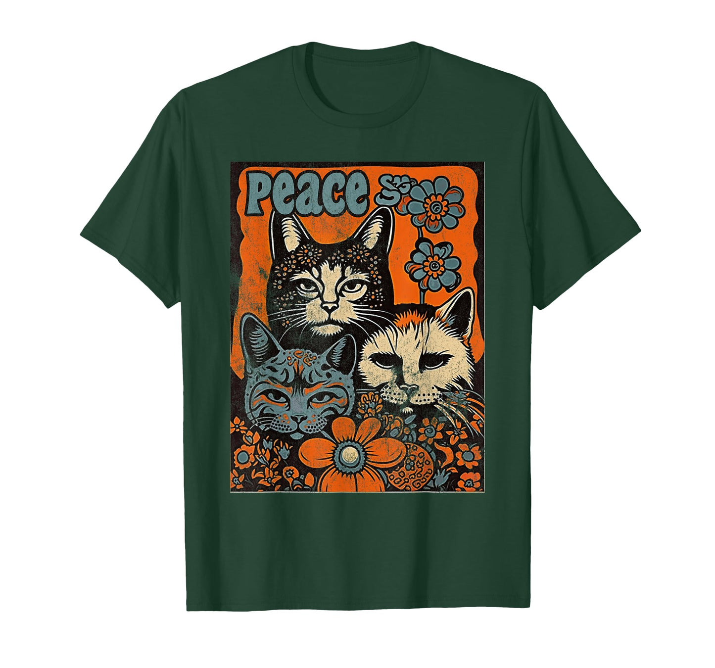Cat Funny 60s 70s Hippie Vintage Flowers Groovy Psychedelic Men Women T-Shirt