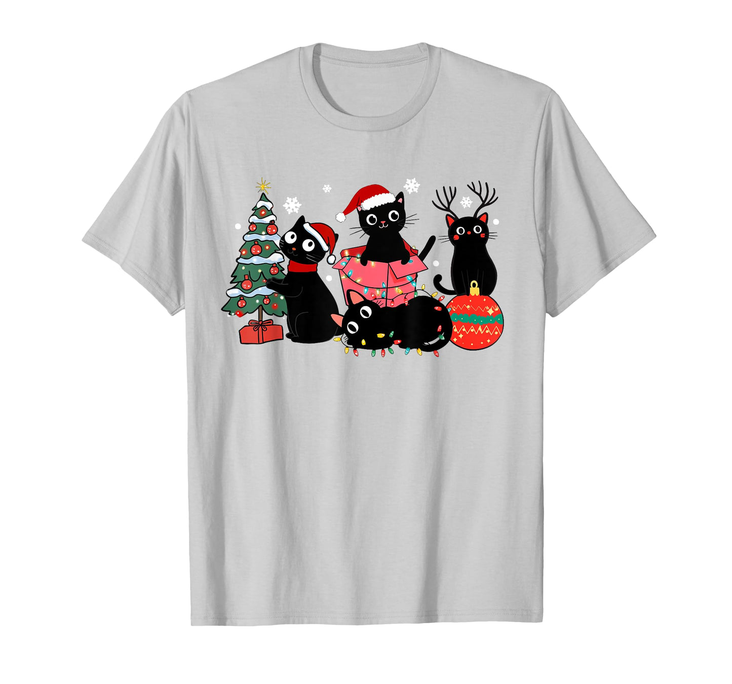 Meowy Christmas Black Cats Play Christmas Tree Lights Cats T-Shirt