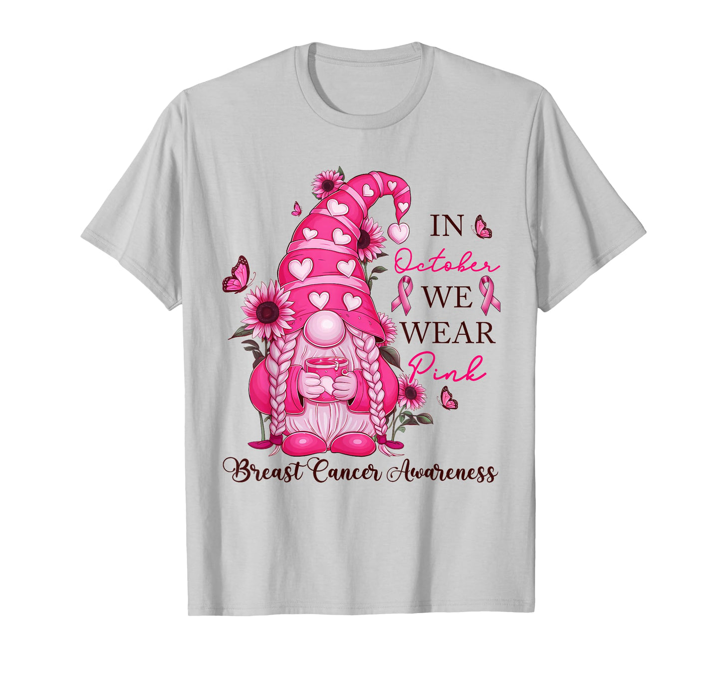 Cute Gnome Breast Cancer Awareness Pink Heart Pink Ribbon T-Shirt