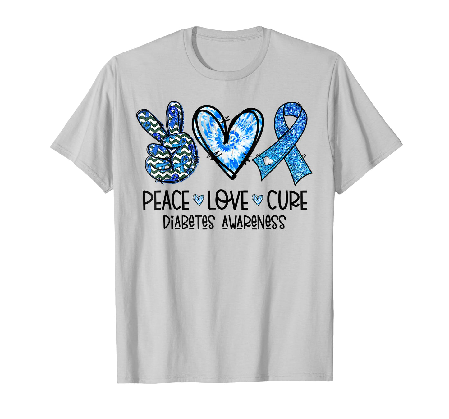 Peace Love Cure Type 1 Diabetes Awareness T1D Blue Ribbon T-Shirt