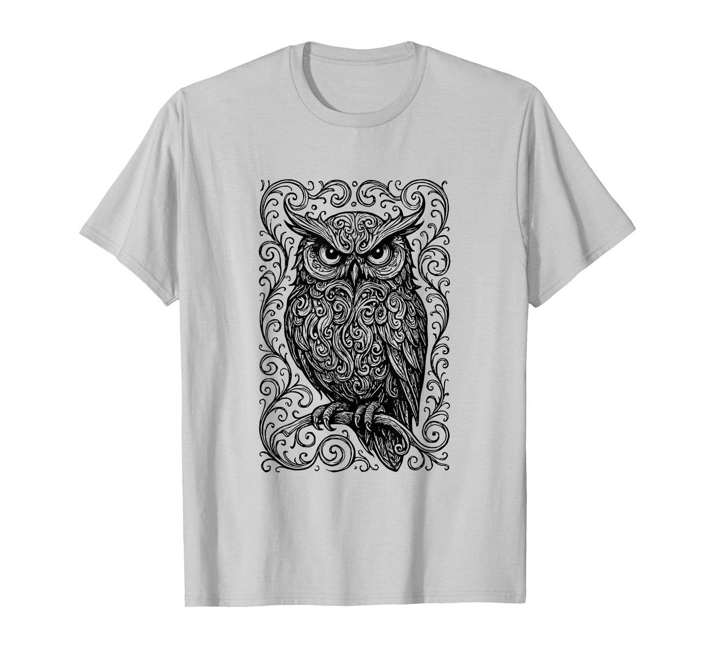 Owl Mystic Ornate Scroll Sketch Drawing T-Shirt