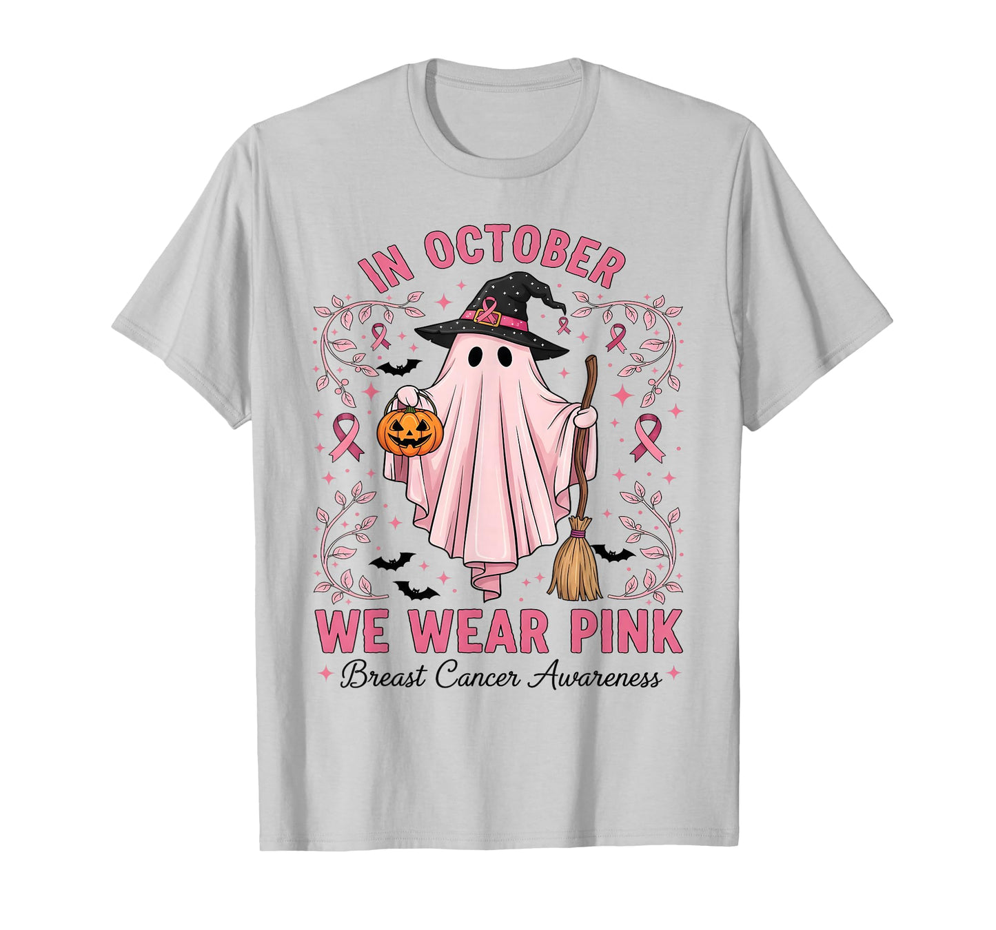 in October We Wear Pink Ghost Witch Breast Cancer Awareness T-Shirt