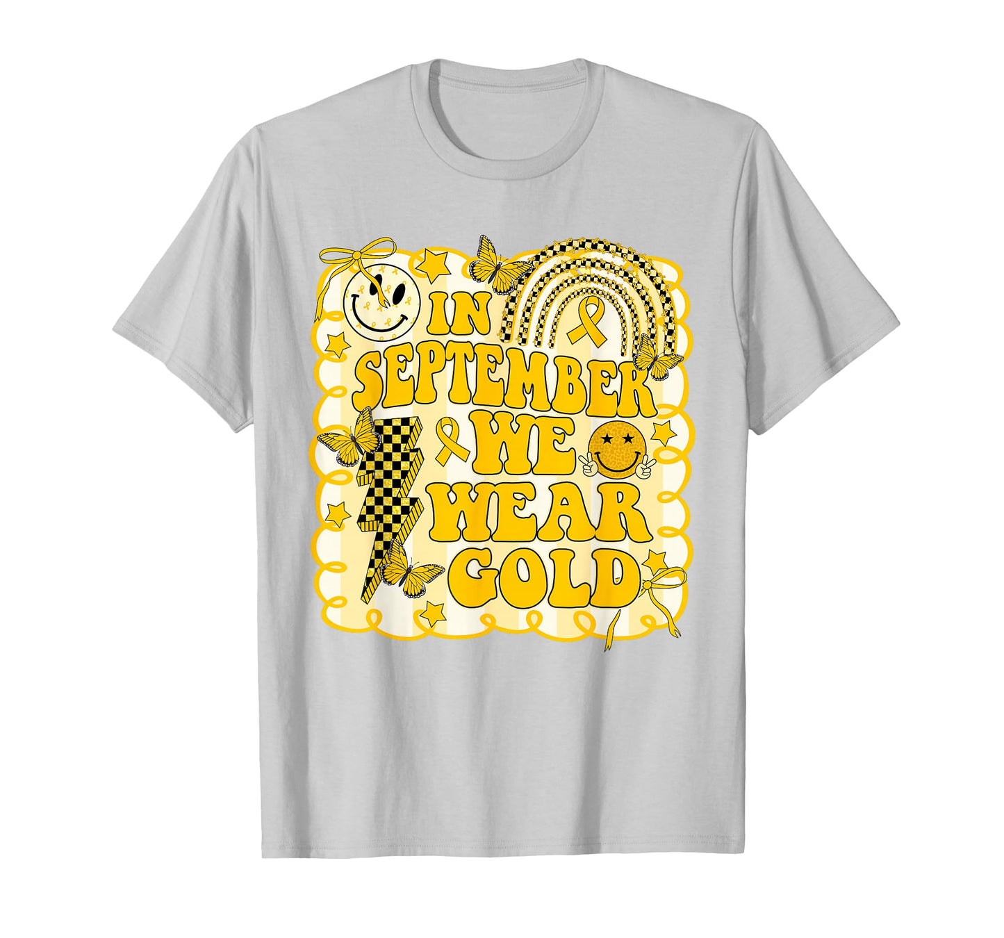 in September We Wear Gold Childhood Cancer Rainbow Butterfly T-Shirt