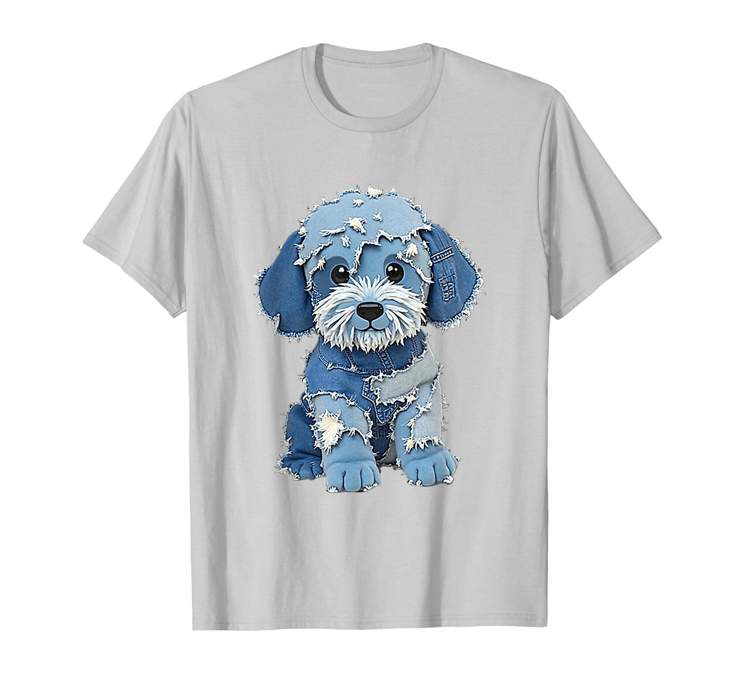 Retro Funny Denim Patch Animal Dog Print T-Shirt
