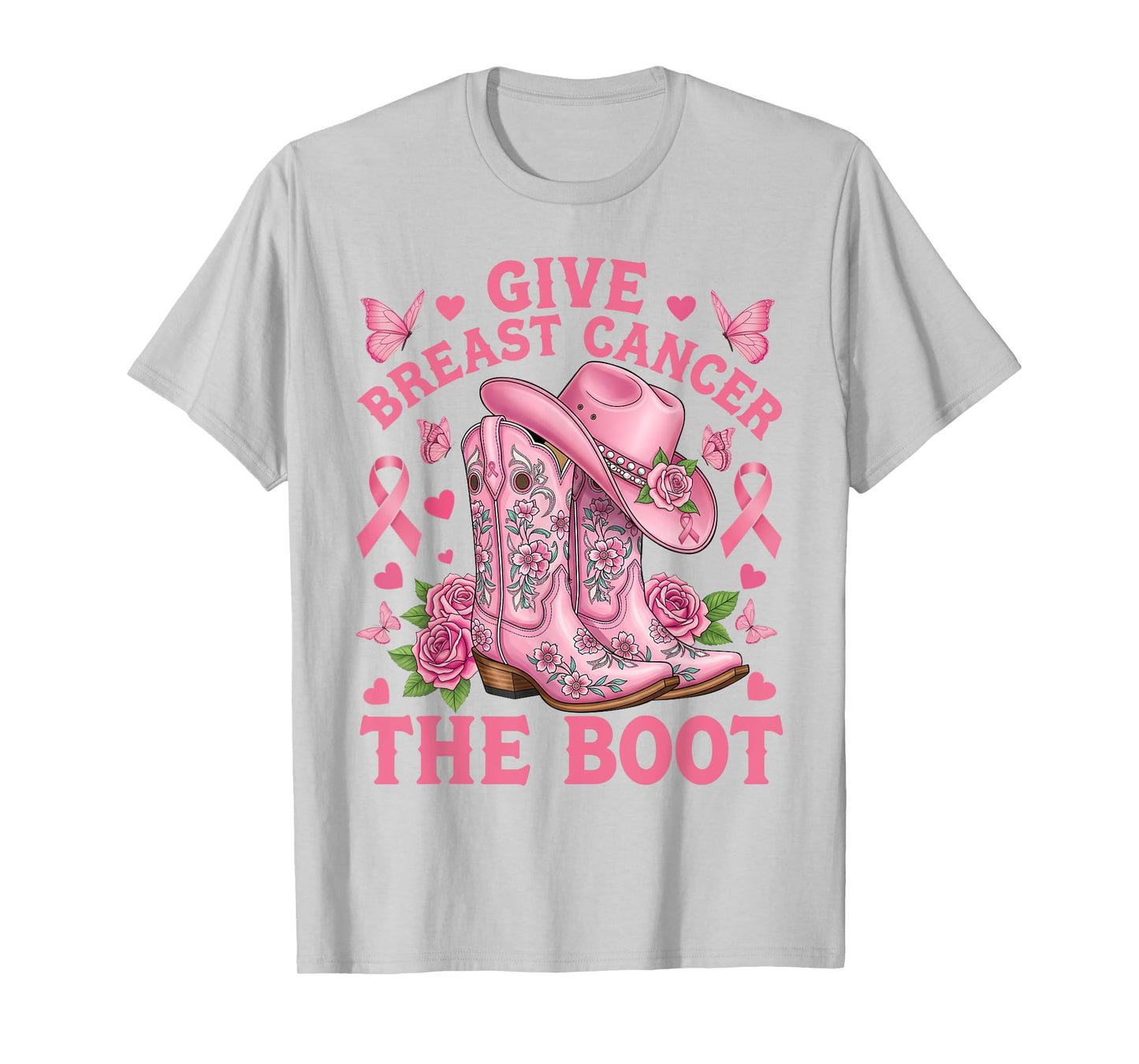 Give Breast Cancer The Boot Cowgirl Cancer Awareness Ribbon T-Shirt